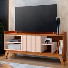 Rack Estante Smolt Até 50 Polegadas TV Pés de Madeira Porta Ripado Nicho Moderno Variação de Cores
