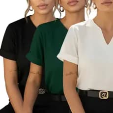 Kit 3 Blusa Feminina Gola Em V Manga Dobrada Estilosa Verão Camiseta Conforto Elegância Blusinha