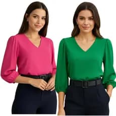 Kit 2 Blusas Feminina Manga Longa Bufante 3/4 Gola V Crepe Alfaiataria Blusinha Combo