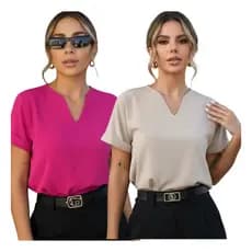 Kit 2 Blusas Feminina Gola V Manga Dobrada Estilosa Verão
