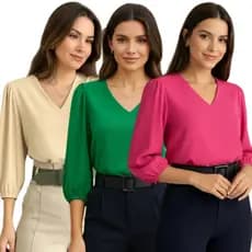 Kit 3 Blusas Feminina Manga Longa 3/4 Trabalho Estilosa Novas Cores Inverno Frio Presente Social Moderno