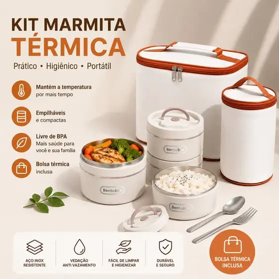 Lancheira Térmica Aço Inox 304 com Bolsa Térmica Grande Capacidade