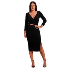 Conjunto Feminino Cropped Envelope Saia Midi Fenda Canelado