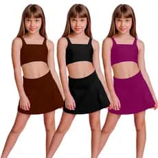 Saia Shorts  + Top Regata Conj. Infantil Roupa De Ginástica Feminina Treino Kit C/3