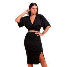 Conjunto Feminino Elegante Cropped Morcego Saia Midi Fenda
