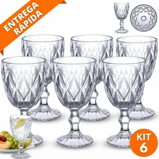 Kit Jogo conjunto 6 Taça Diamond Vidro transparente 340ml Sobremesa Água Luxo Diamante Reforçada vidro transparent
