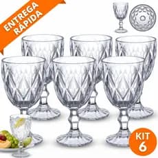 Kit Jogo conjunto 6 Taça Diamond Vidro transparente 340ml Sobremesa Água Luxo Diamante Reforçada vidro transparent