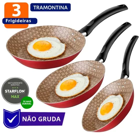 Kit 3 Frigideiras Antiaderente Tramontina  Vermelha 16N 20N 24N Não Gruda Ovo Fritar Cozinha Fogão