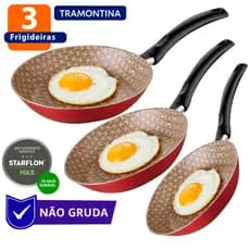 Kit 3 Frigideiras Antiaderente Tramontina  Vermelha 16N 20N 24N Não Gruda Ovo Fritar Cozinha Fogão