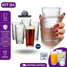 Kit Jogo 4 Copos de Vidro Wind 220ml | Copo para Água - Suco e Refrigerante Extra Resistente