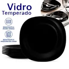 Jogo Kit de 06 Pratos de Sobremesa Quadrado Preto Opaline 20cm Vidro Temperado Resistente a risco