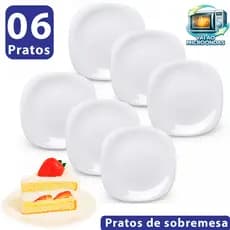 Jogo 06 Pratos sobremesa Branco quadrado 20cm vidro Opaline pode micro ondas lava louças casa hotel