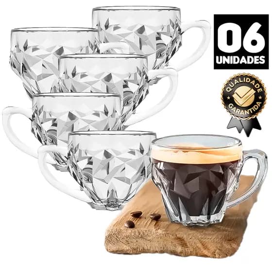 Kit 6 Xícaras Diamond Rocks Abacaxi Bico de Jaca Transparente Vidro 185 ml Chá Cafe e Leite