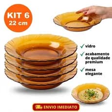 conjunto/Jogo 6 Pratos fundo vidro ambar modelo  solar de Vidro 22cm resistente, jantar casa hotel