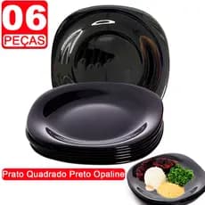 Kit Jogo Pratos Quadrado Preto Opaline Liso de Vidro Temperado 26,5cm Elegante Cozinha 06 Unidades