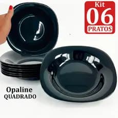 Kit Jogo 6 Pratos Quadrado Fundo Preto Opaline Liso Vidro Temperado 22,5cm Elegante Cozinha 6 Unidades