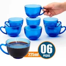 Kit 6 Xícaras de Vidro Azul Oceano 225ml Pera Grande Chá Café Cappuccino