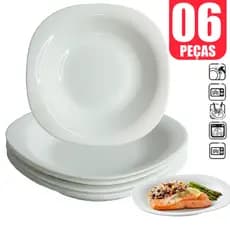 Kit Jogo conjunto de 06 Pratos Quadrado Fundo opaline Vidro branco Temperado Branco 22 cm Liso
