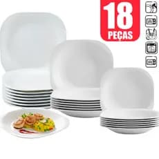 Kit Jogo de 18 Pratos Quadrados branco de Vidro Opaline Liso Sendo 06 Pratos Raso 06 Fundo 06 Sobremesa