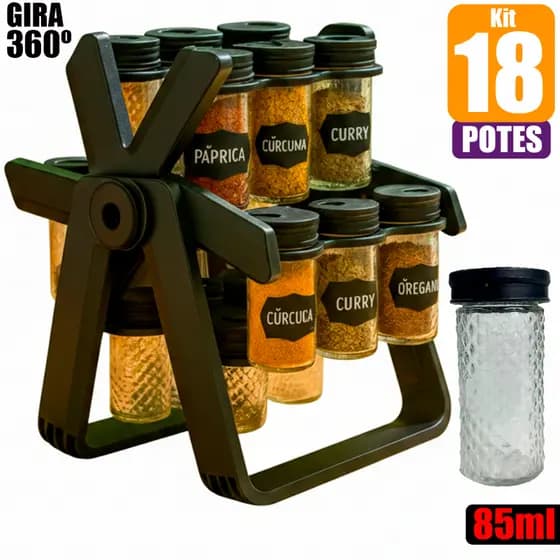 Kit 18 Potes Tempero Cozinha Porta Temperos 360º Potes de Vidro + Etiquetas  Condimentos Diamond
