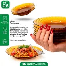 Kit Jogo 6 Pratos Fundos vidro Ambar modelo storn 22cm  Canelado Semelhante a Duralex Vidro importado