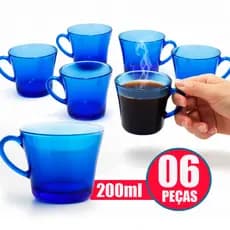 Kit Jogo 6 Xícaras de Chá e Café Vidro Azul 200ml – Modelo Sino Sem Pires