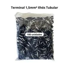 Kit 100 Terminais Ilhós Tubular 1,5mm² Preto Cobre Estanhado Elétrico