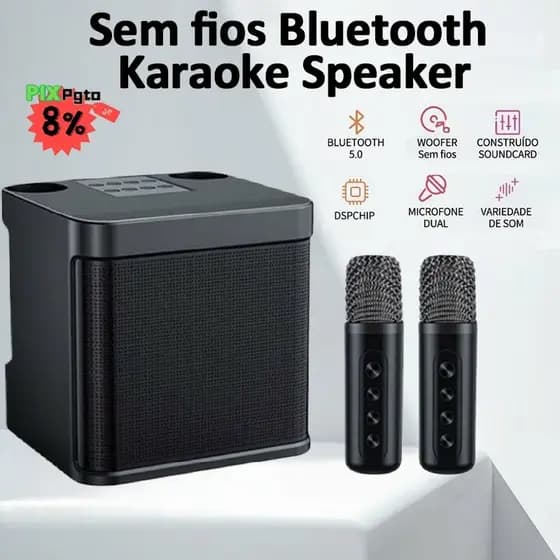 Alto-falante Bluetooth Potente - 2 Microfones Sem Fios para Karaoke Familiar