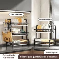 Escorredor Kitchen Rack Aço Inoxidável – Organizador de Louças Preto Armazenamento