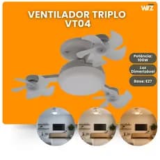 Ventilador de Teto Triplo VT04 3 Cores de Luz Com Lâmpada Led Silencioso Ajustável