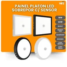 Painel Plafon Sobrepor Led Com Sensor 18w/24w Redondo/Quadrado Capa Branca ou Preta Bivolt Luz Frio