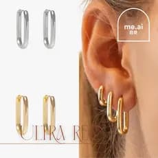 Trio Argolas Retangular Escadinha Comprida 3 furos Elegante Dourada Prata Festa Luxo Feminina