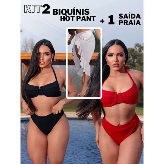 2 Biquínis Hot Pant Cintura Alta Forrado + Saida De Praia