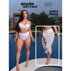 Kit Biquíni Hot Pant Forrado Cintura Alta + Saida De Praia