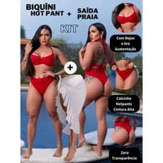 Kit 1 Biquíni Hot Pant Forrado Cintura Alta + Saida De Praia