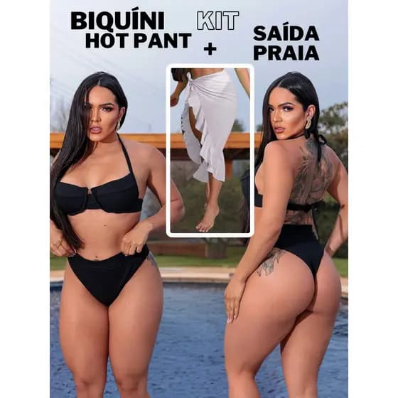 Biquíni Hot Pants Aro Canelado Bojo Forrado + Saida De Praia
