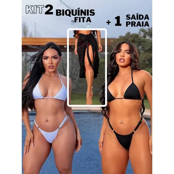Kit 2 Biquínis Fita Fio Dental Cortininha + Saida De Praia
