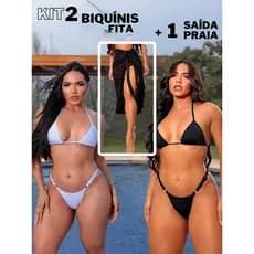 Kit 2 Biquínis Fita Fio Dental Cortininha + Saida De Praia