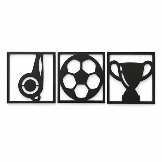 Kit 3 Quadros Decorativos Futebol MDF Preto 3mm Apito Bola Troféu Para Sala Quarto Parede