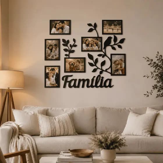 Porta Retrato Parede MDF Família 7 Fotos Decorativo Sala Quarto