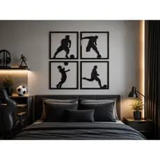 Kit 4 Quadros Decorativos Futebol MDF Preto 3mm Jogadores Bola Para Quarto Sala Parede