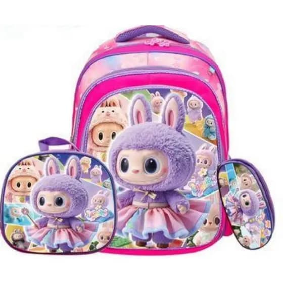 Kit Mochila Infantil Menina Escolar 3D Alto Relevo Labubu Lancheira Estojo Bolsa Menina Menino