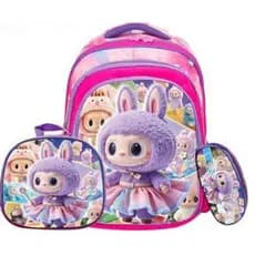 Kit Mochila Infantil Menina Escolar 3D Alto Relevo Labubu Lancheira Estojo Bolsa Menina Menino