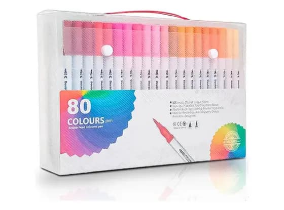 (Transparente) Conjunto de Caneta Colorir Desenhos Ponta Dupla 2 Traços 80 Unidades - Com maletinha