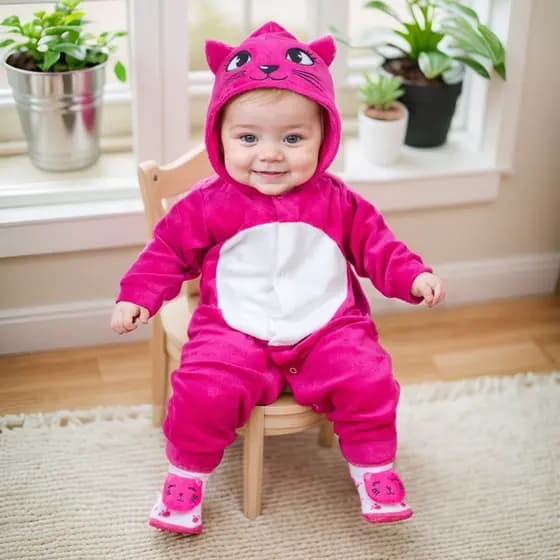 Conjunto Macacão Temático Gatinha Plush Com Pantufas 3d-Pink