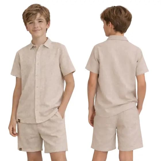 Conjunto Infantil Linho Camisa e Short Menino 2 Peças 2 a 14 Anos