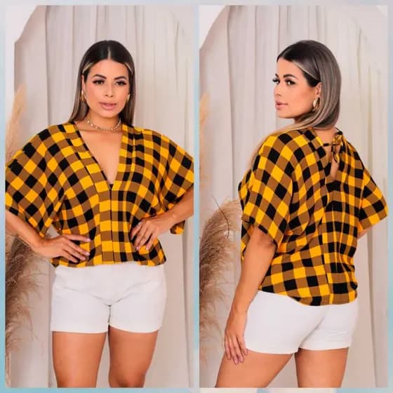 BLUSA FEMININA PLUS SIZE XADREZ MANGA MORCEGO