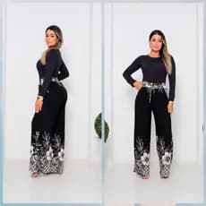 Calça pantalona femenina cintura alta com bolso tecido DUNA estampado