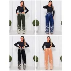 Calça Feminina Pantalona Estampado Duna Elastico Na Cintura Con Bolso Na Frente