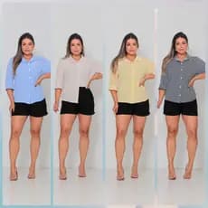Camisa Feminina  Listrado Manga 3/4 Crepinho com botoes